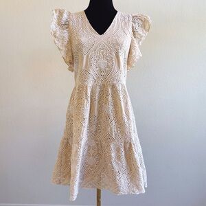 Tan and Cream eyelet dress,‎ sz Small, ruffle sleeve fit and flare summer dress